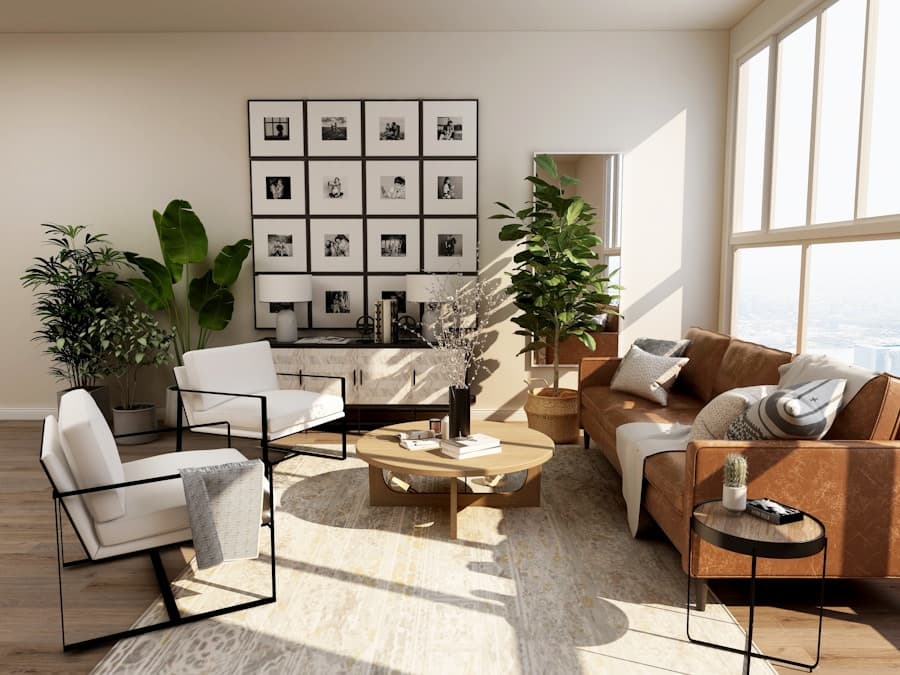 A sunlit living room with natural materials and indoor plants
